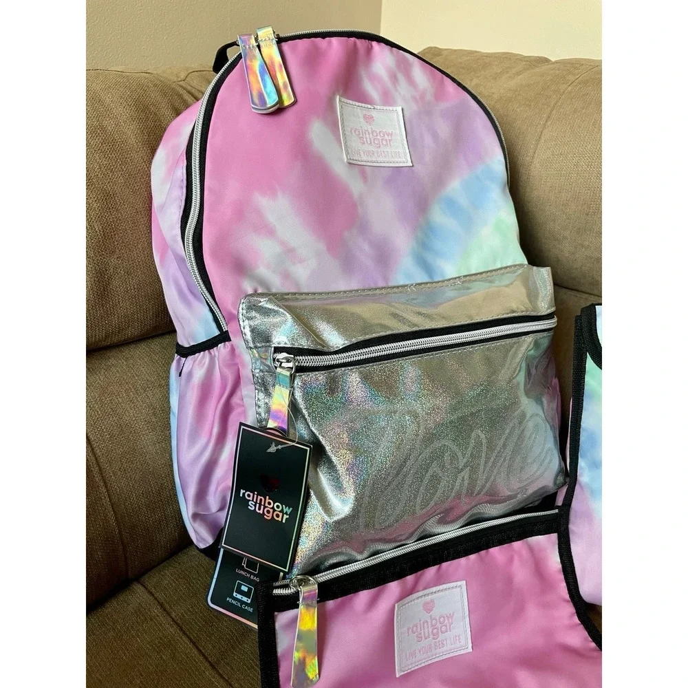 Rainbow Sugar 3pc Backpack Set Tie Dye Silver Holographic Lunch Bag Pencil Case